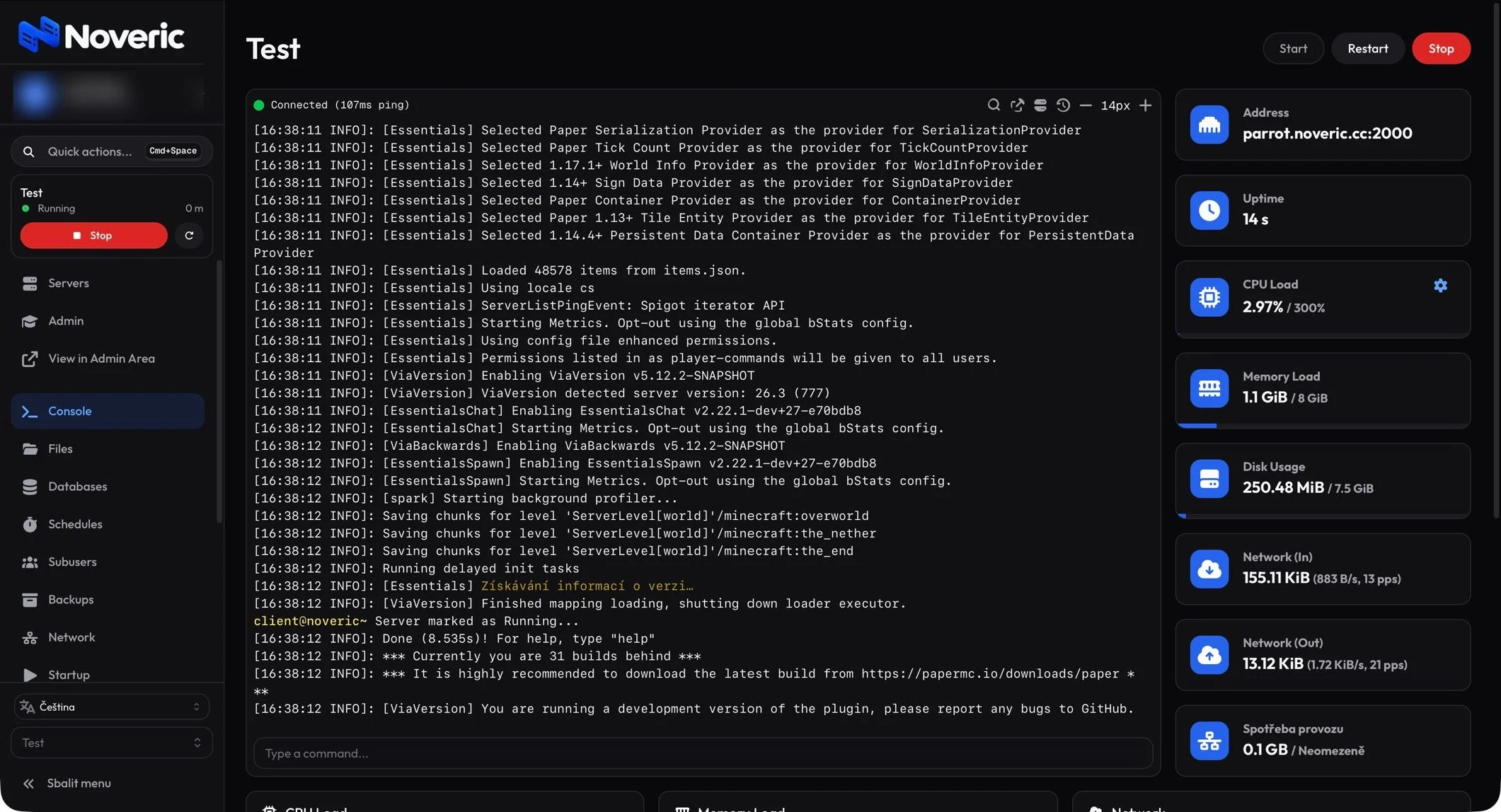 Administrace Noveric: živá konzole Minecraft serveru s využitím CPU, paměti, disku a sítě