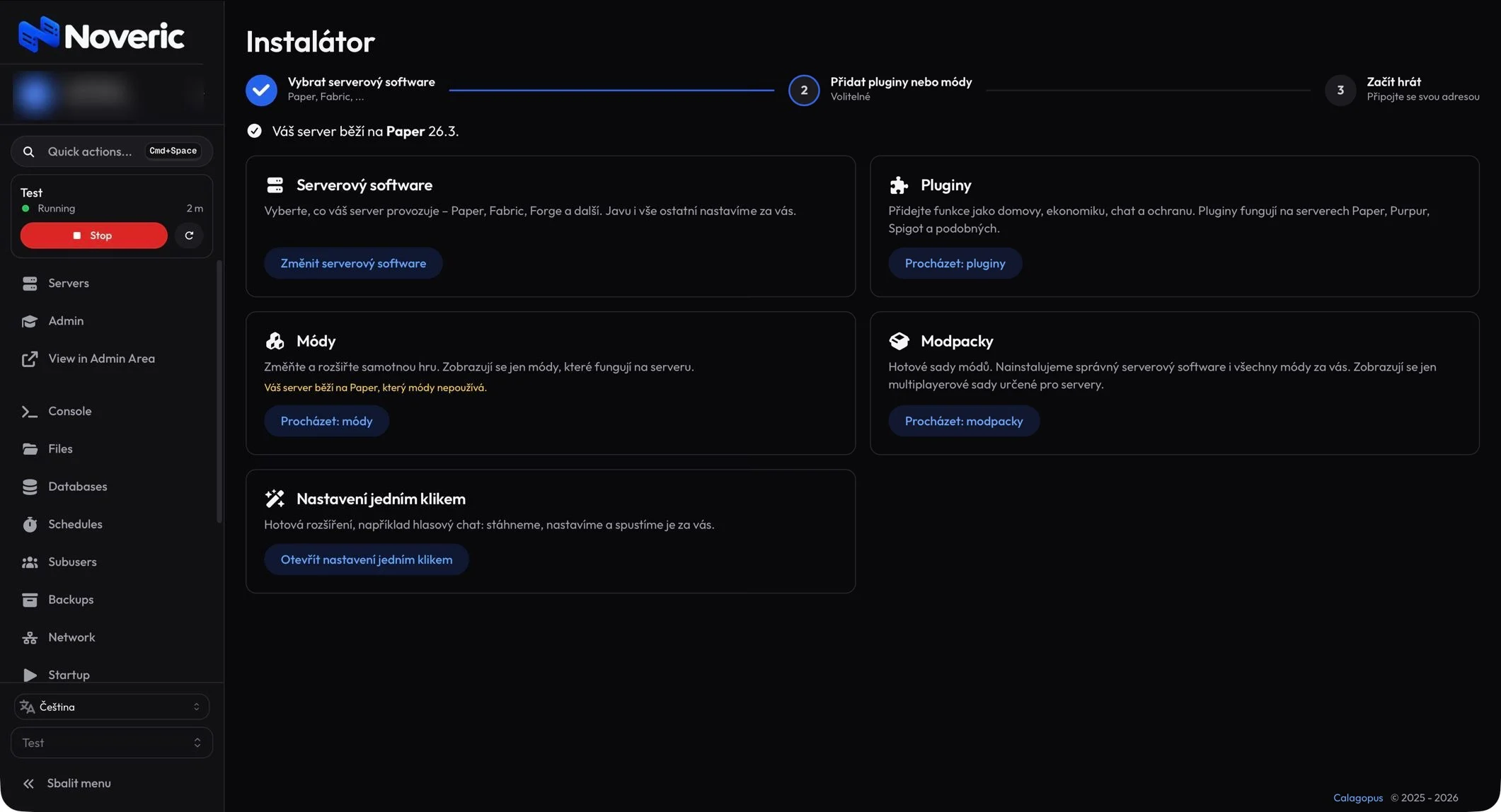 Administrace Noveric: instalátor serverového softwaru, pluginů, módů a modpacků