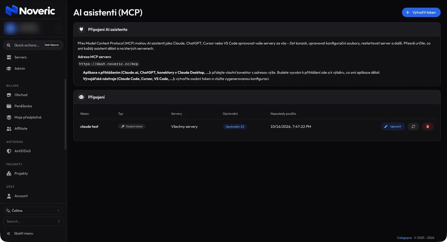 Administrace Noveric: připojení AI asistentů přes Model Context Protocol a správa tokenů s oprávněními